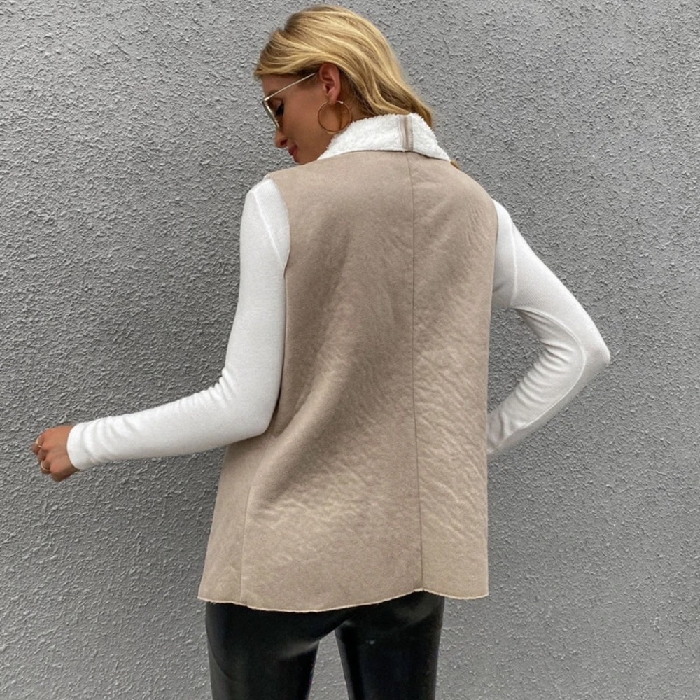 Teddy shearling lined vegan suede fold over collar vest tan khaki cream - Picture 3 of 3